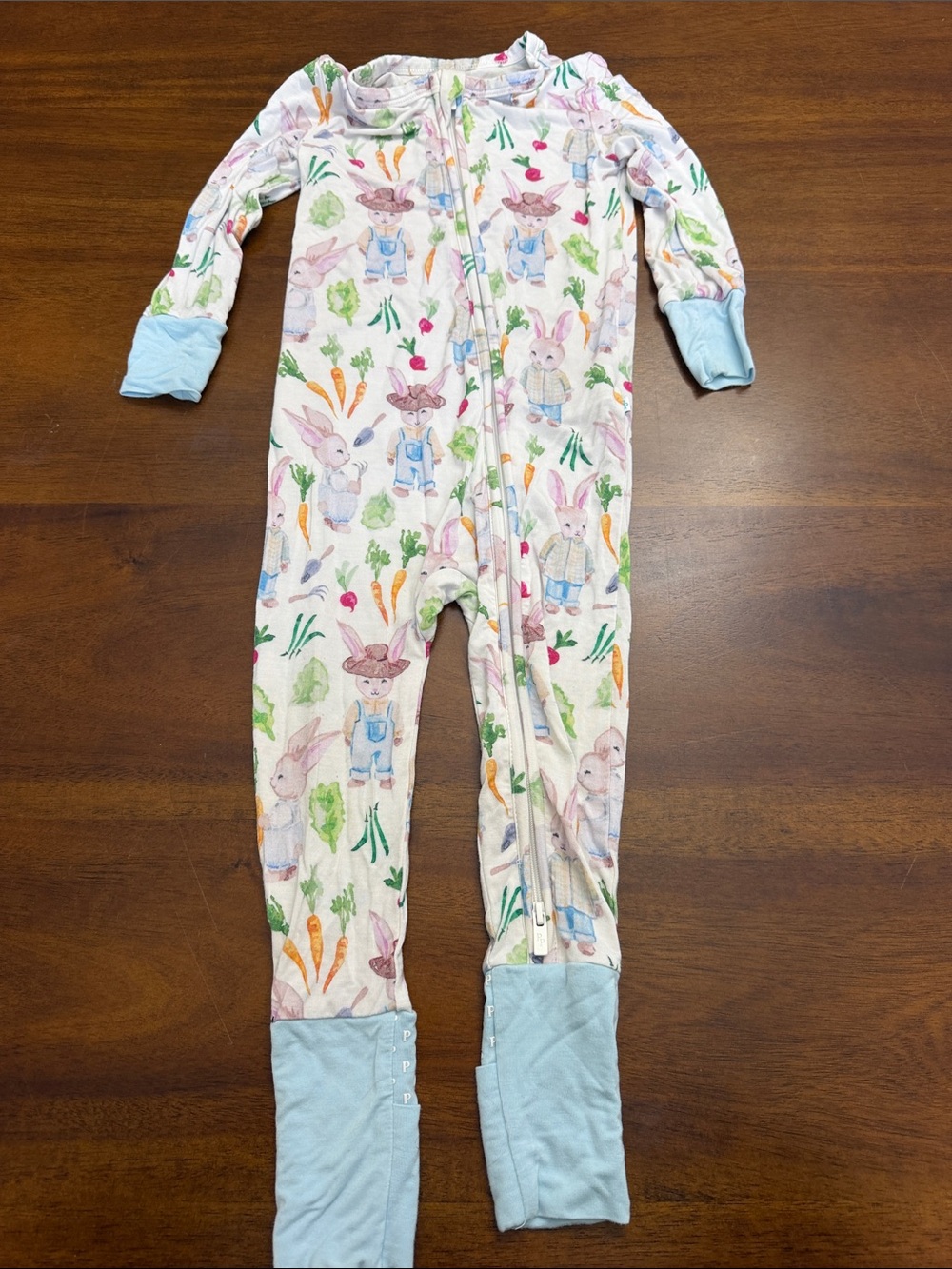 Posh Peanut Pastel Bunny & Carrot Footed One-Piece Light Blue Cuffs